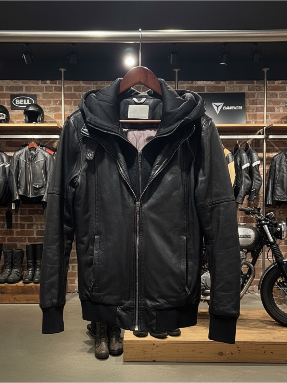 Soia& Kyo Black lamb Leather Hooded moto Jacket - mix media zip front m